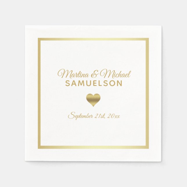 Personalized White Gold Heart Frame Wedding Paper Napkins (Front)