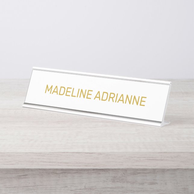 Personalized White & Gold Modern Desk Name Plate (Front)