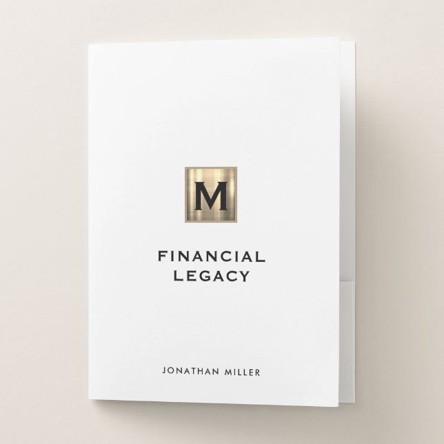 Personalized White Gold Monogram Financial Pocket Folder (Front)