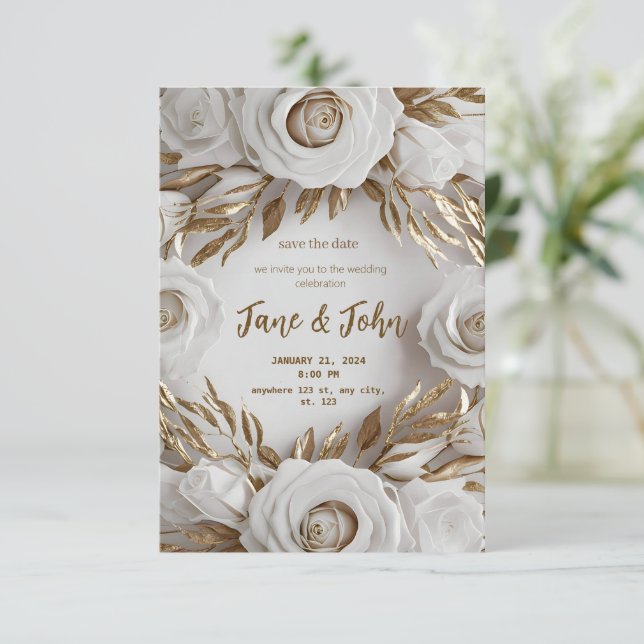 [Personalized] White & Gold Wedding Invitation (Standing Front)