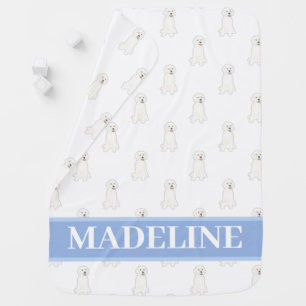 Personalized White Golden Doodle Dog Blue & White Baby Blanket
