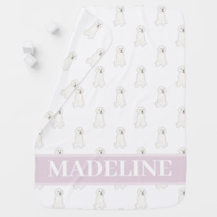Personalized White Golden Doodle Dog Pink & White Baby Blanket