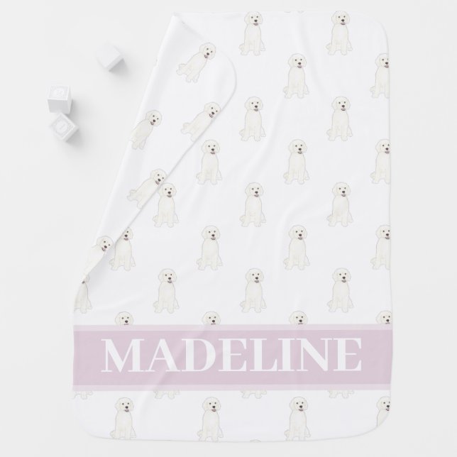 Personalized White Golden Doodle Dog Pink & White Baby Blanket (In Situ)