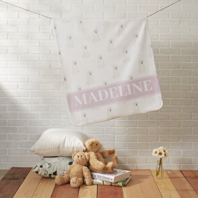 Personalized White Golden Doodle Dog Pink & White Baby Blanket (In Situ)