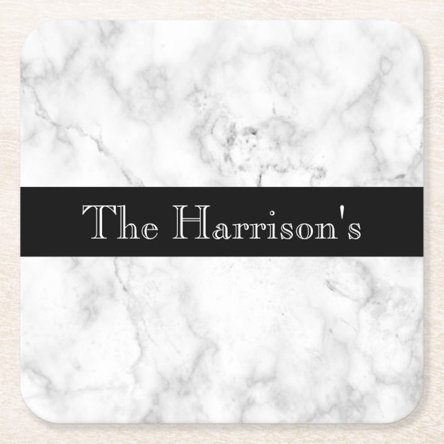 Personalized White Gray and Black Marble Square Paper Coaster (Front)