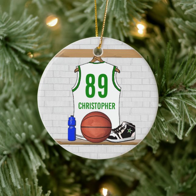 Personalized White Green Basketball Jersey Ceramic Ornament (Tree)