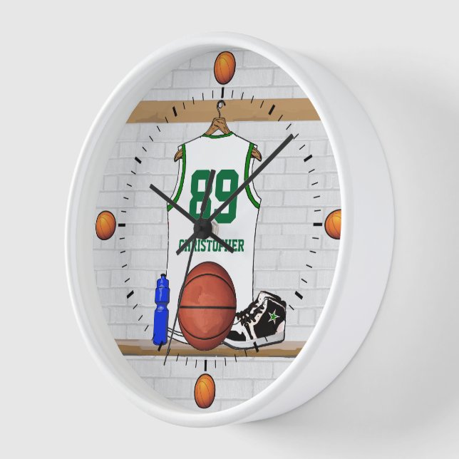 Personalized white green  Basketball Jersey Wall Clock (Angle)