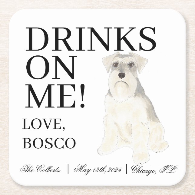 Personalized White Grey Schnauzer Dog Wedding Square Paper Coaster (Front)