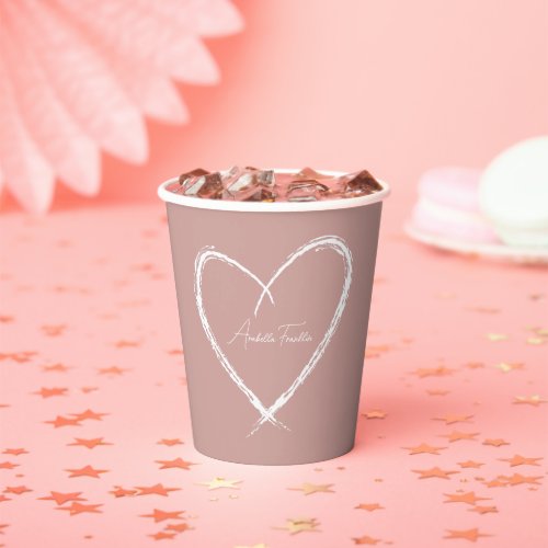 Personalized White Heart Bridal Shower Rose Gold Paper Cups