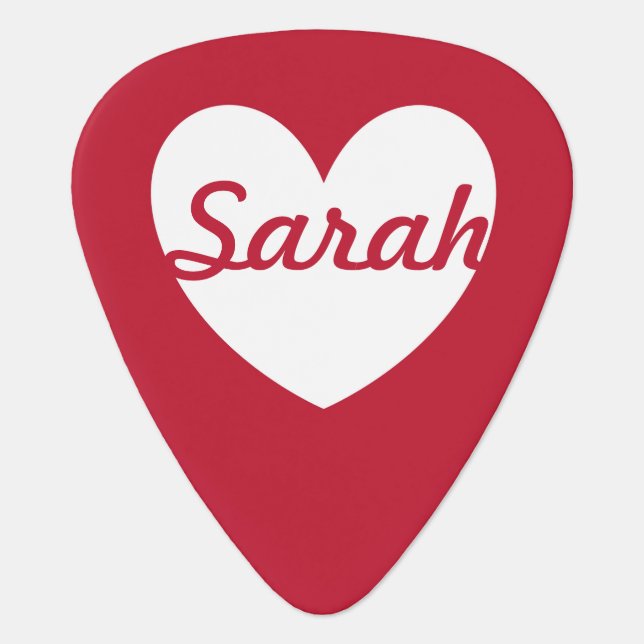 Personalized white heart on red guitar pick (Front)
