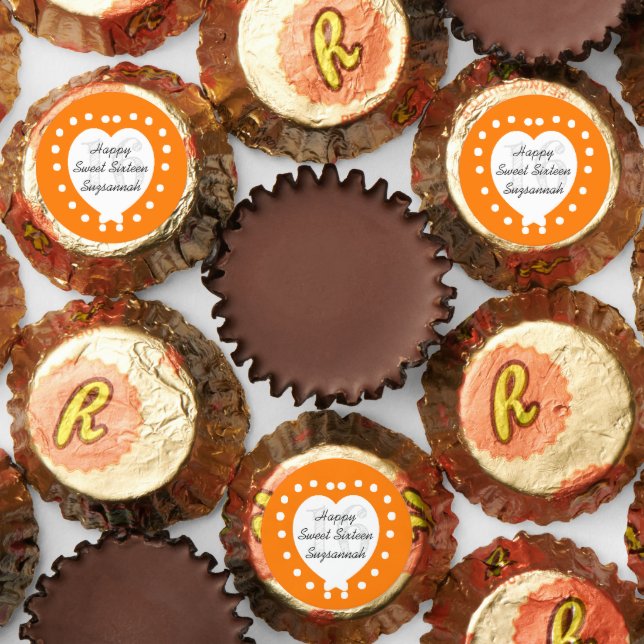 Personalized White Heart Orange Sweet 16 Birthday Reese's Peanut Butter Cups (Assorted)