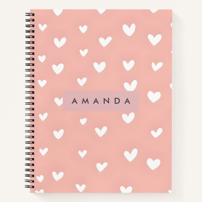 Personalized White Heart Pattern on Blush  Notebook (Front)