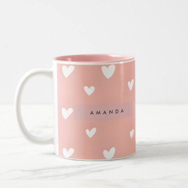 Personalized White Heart Pattern on Blush  Two-Tone Coffee Mug (Left)