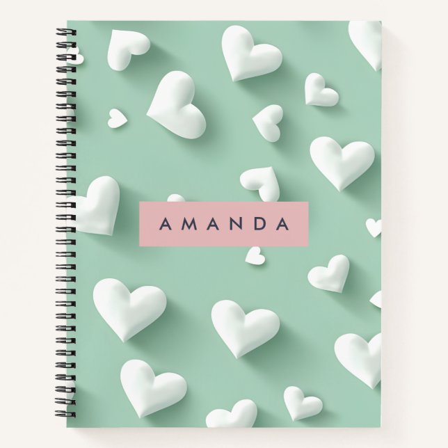 Personalized White Heart Pattern on Mint Notebook (Front)