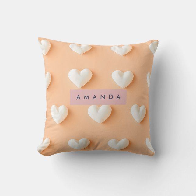 Personalized White Heart Pattern on Peach Throw Pillow (Front)