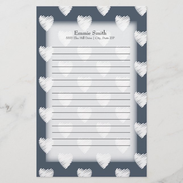 Personalized White Hearts on Navy Blue Stationery (Front)