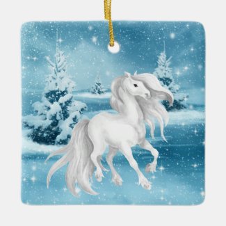 Personalized White Horse Snowy Winter Night Ceramic Ornament