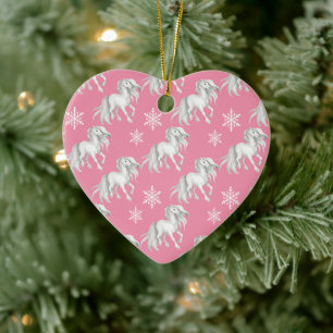 Personalized White Horses and Snowflakes on Pink Ceramic Ornament