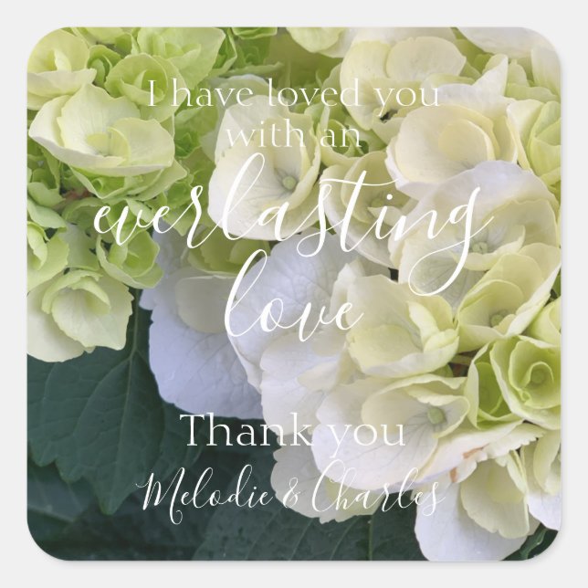 Personalized White Hydrangea Elegant Love Wedding Square Sticker (Front)