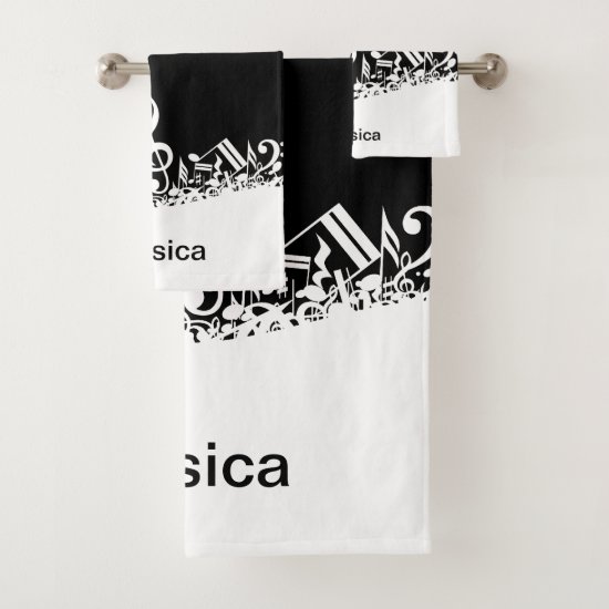 Personalized White Jumbled Musical Notes on Black Bath Towel Set
