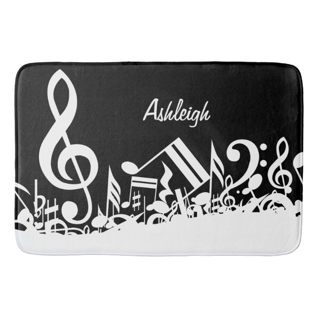 Personalized White Jumbled Musical Notes on Black Bathroom Mat (Front)