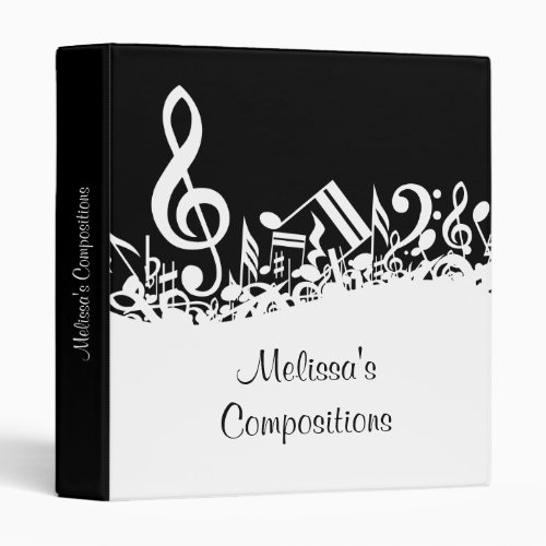Personalized White Jumbled Musical Notes on Black Binder