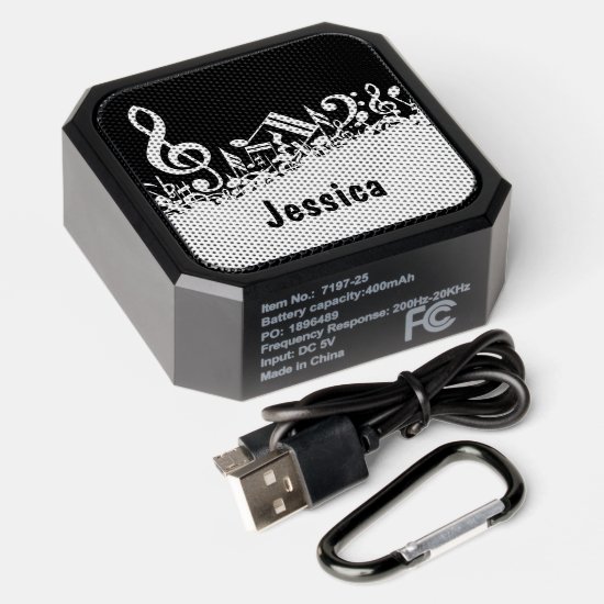 Personalized White Jumbled Musical Notes on Black Bluetooth Speaker