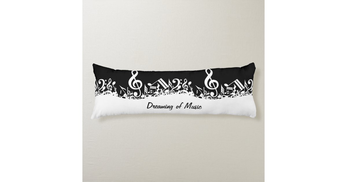 Personalized White Jumbled Musical Notes on Black Body Pillow Zazzle