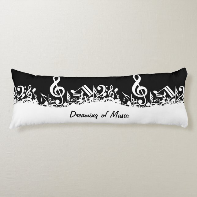 Personalized White Jumbled Musical Notes on Black Body Pillow (Front)