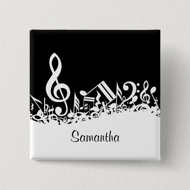 Personalized White Jumbled Musical Notes on Black Button (Front)