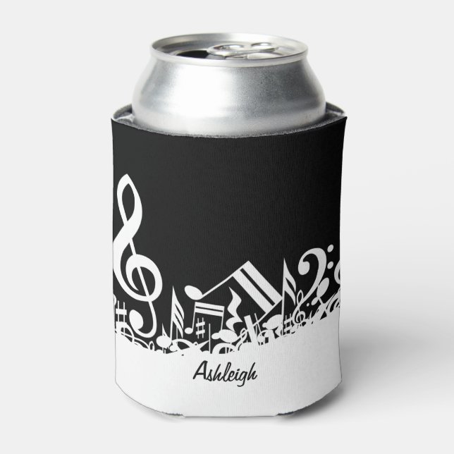 Personalized White Jumbled Musical Notes on Black Can Cooler (Can Front)