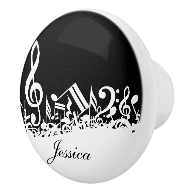 Personalized White Jumbled Musical Notes on Black Ceramic Knob (Right)