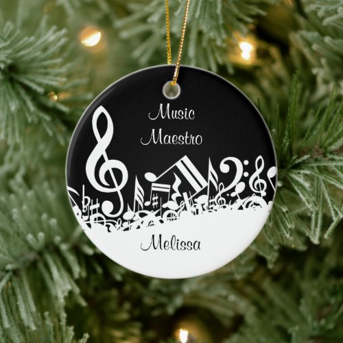 Personalized White Jumbled Musical Notes on Black Ceramic Ornament