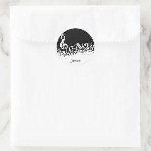 Personalized White Jumbled Musical Notes on Black Classic Round Sticker