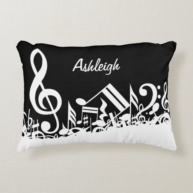 Personalized White Jumbled Musical Notes on Black Decorative Pillow (Front)