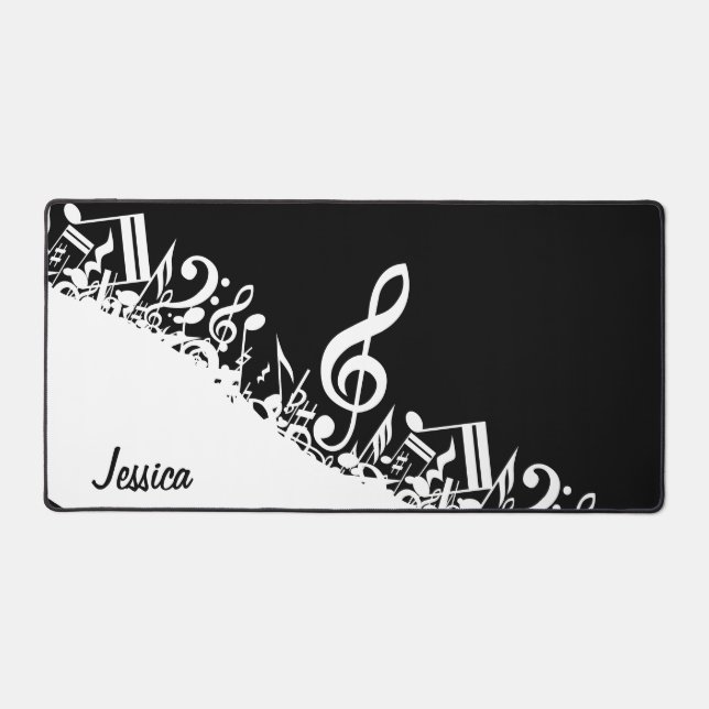 Personalized White Jumbled Musical Notes on Black Desk Mat (Front)