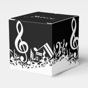 Personalized White Jumbled Musical Notes on Black Favor Boxes