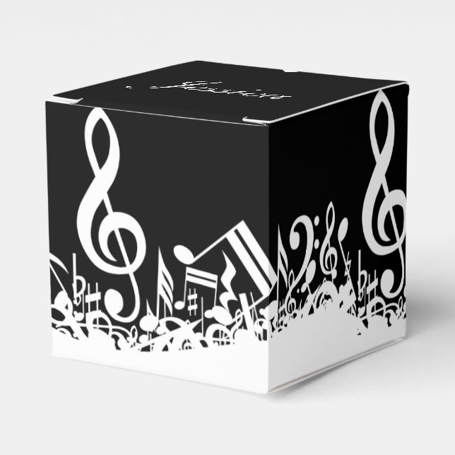 Personalized White Jumbled Musical Notes on Black Favor Boxes (Front Side)
