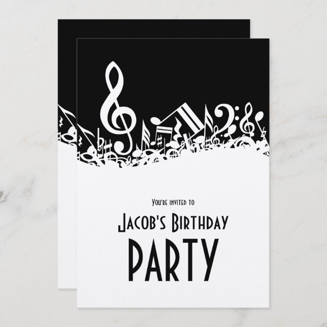 Personalized White Jumbled Musical Notes on Black Invitation (Front/Back)