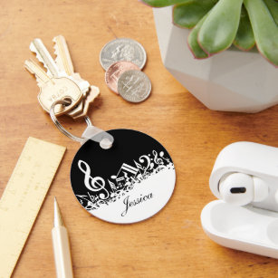 Personalized White Jumbled Musical Notes on Black Keychain