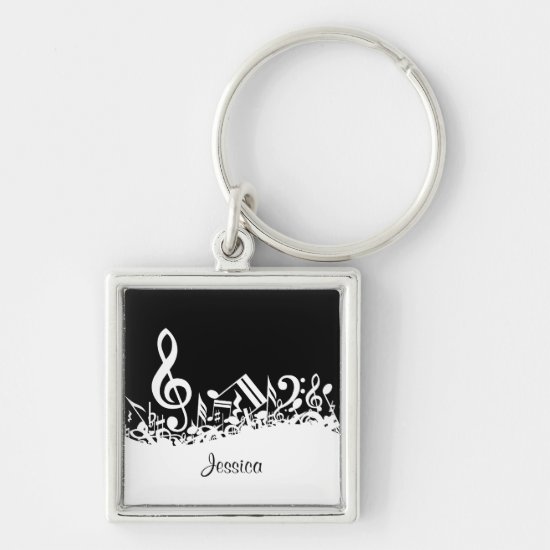 Personalized White Jumbled Musical Notes on Black Keychain