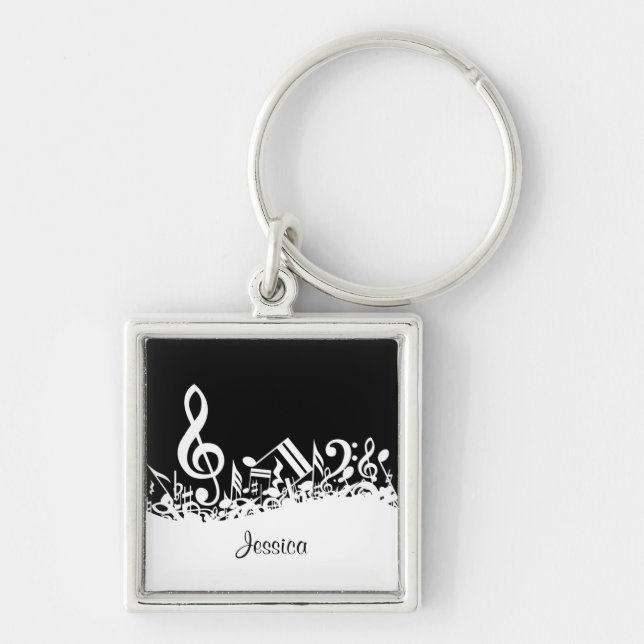 Personalized White Jumbled Musical Notes on Black Keychain (Front)
