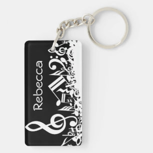 Personalized White Jumbled Musical Notes on Black Keychain