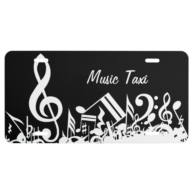 Personalized White Jumbled Musical Notes on Black License Plate (Front)