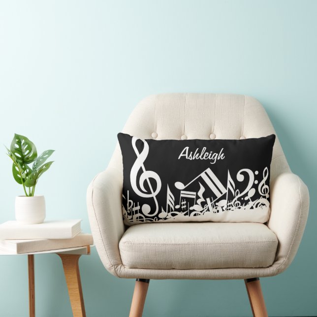 Personalized White Jumbled Musical Notes on Black Lumbar Pillow (Chair)