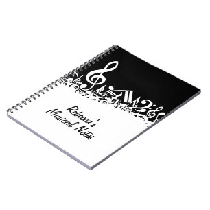 Personalized White Jumbled Musical Notes on Black Notebook