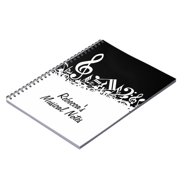 Personalized White Jumbled Musical Notes on Black Notebook (Left Side)