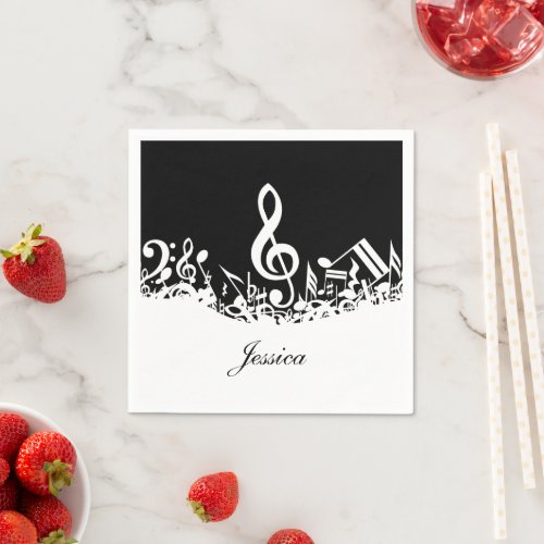 Personalized White Jumbled Musical Notes on Black Paper Napkins