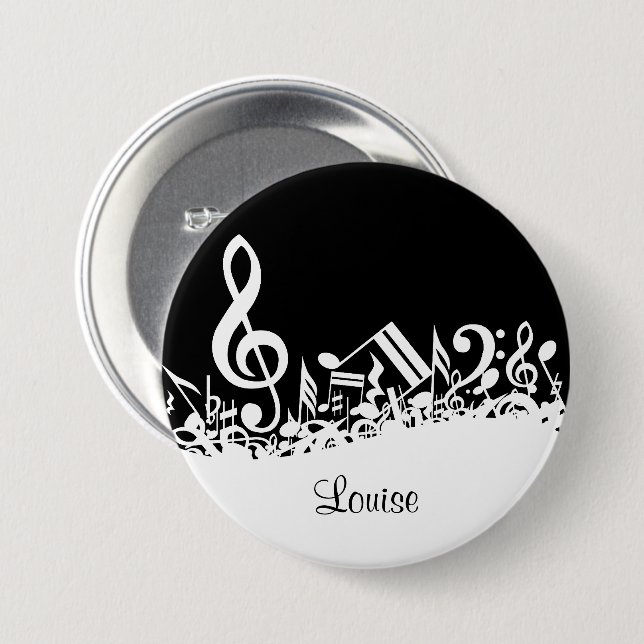 Personalized White Jumbled Musical Notes on Black Pinback Button (Front & Back)