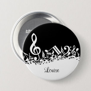 Personalized White Jumbled Musical Notes on Black Pinback Button